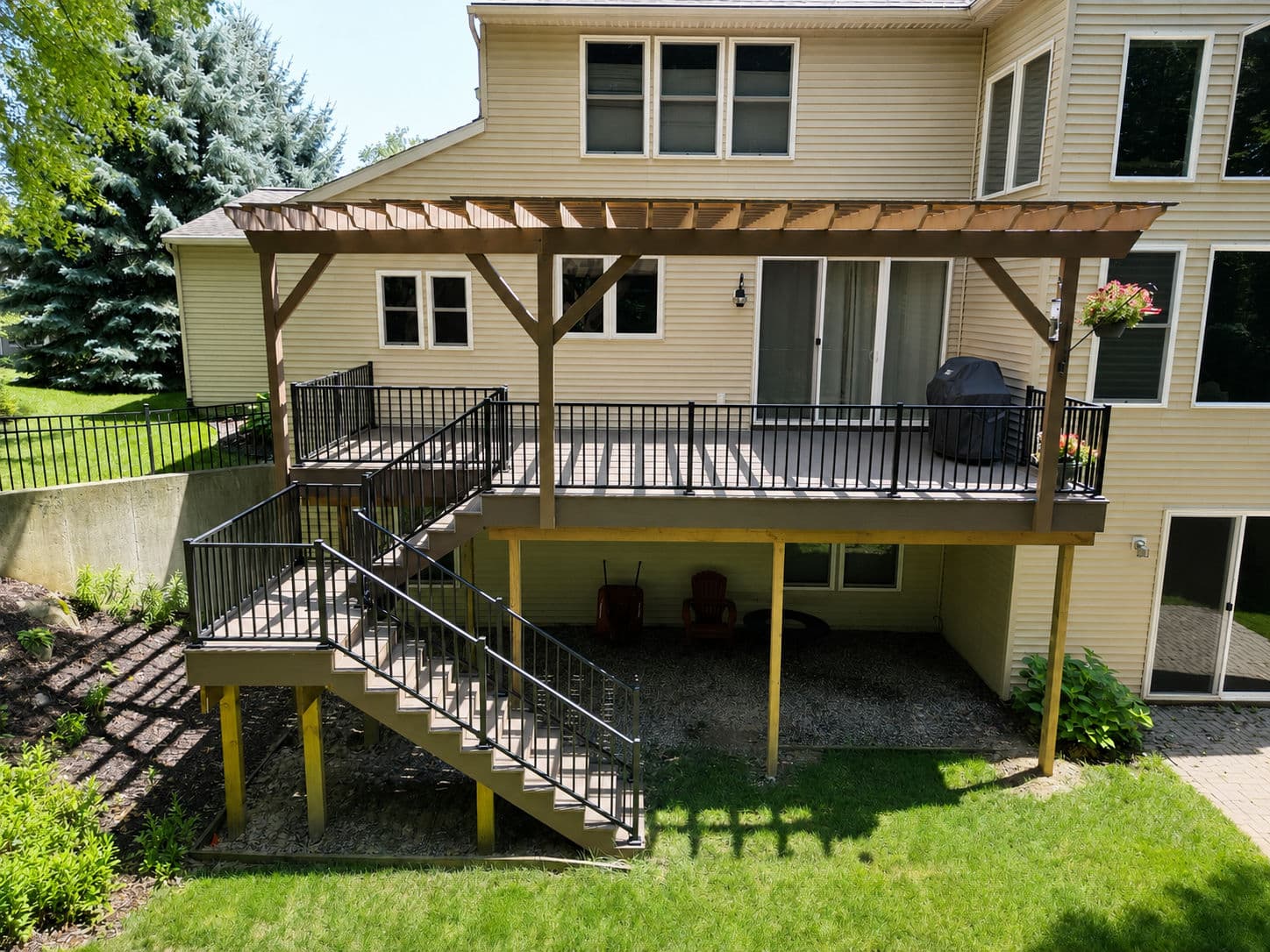 West Michigan Custom Deck with Cedar Pergola and Switchback Staircase